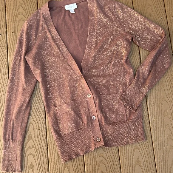 LOFT Brown/gold flecks Knit Cardigan Sweater S XS - Picture 4 of 9